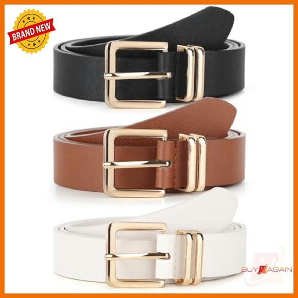 3 Pack Women\'s Faux Leather Belts Gold Buckle Jeans Pants Accessories
